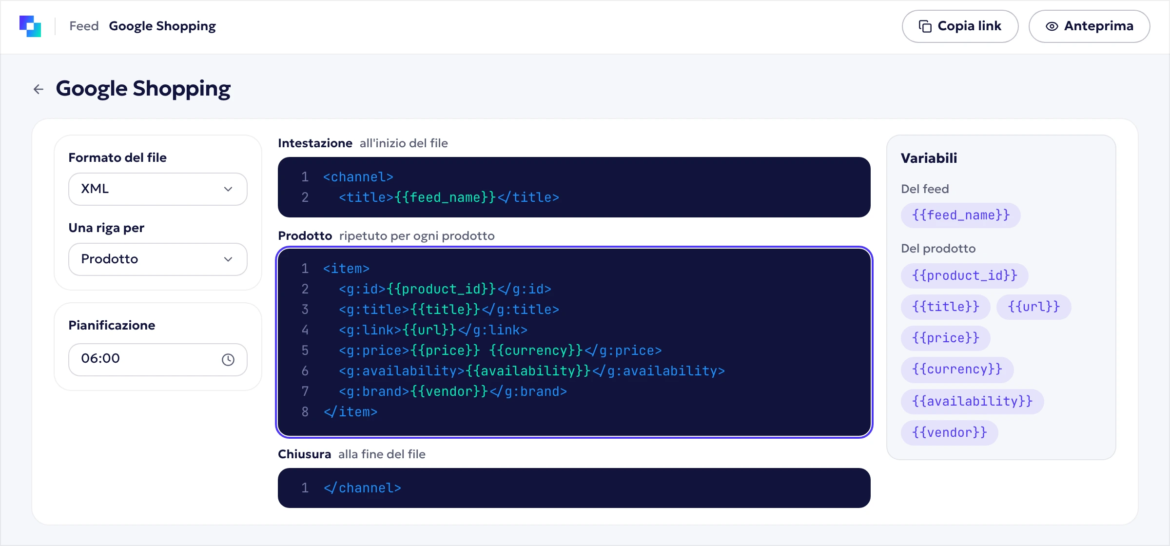 Editor del feed: formato XML, struttura del file e variabili del prodotto