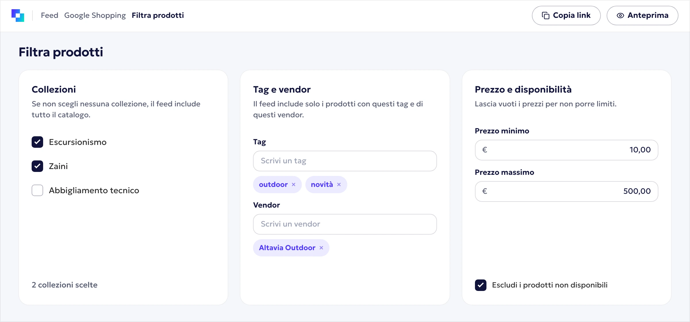 Filtri sui prodotti: collezioni, tag e vendor, prezzo e disponibilità