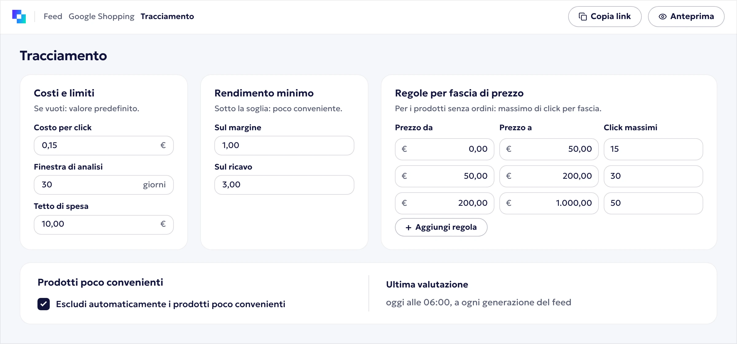 Tracciamento: costi e limiti, rendimento minimo, regole per fascia di prezzo e prodotti poco convenienti